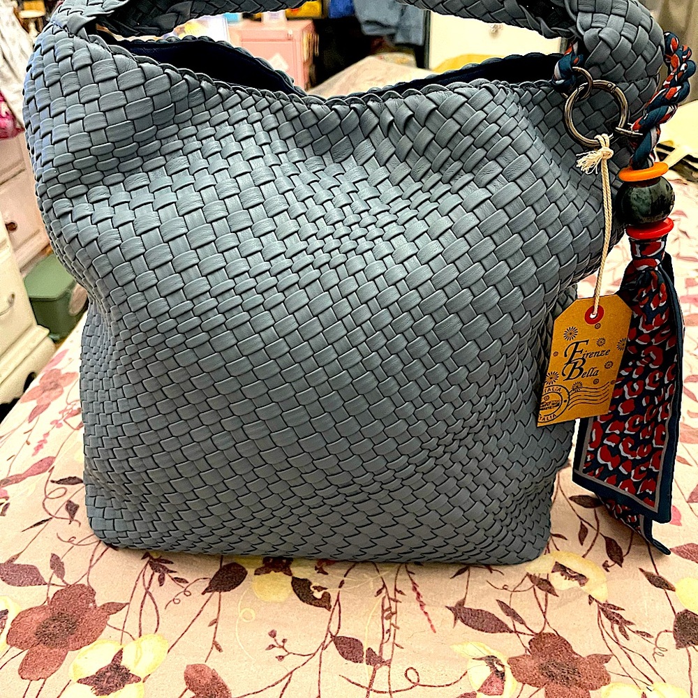 Firenze Bella Blue Woven Leather Slouchy Satchel w/ Scarf Keychain